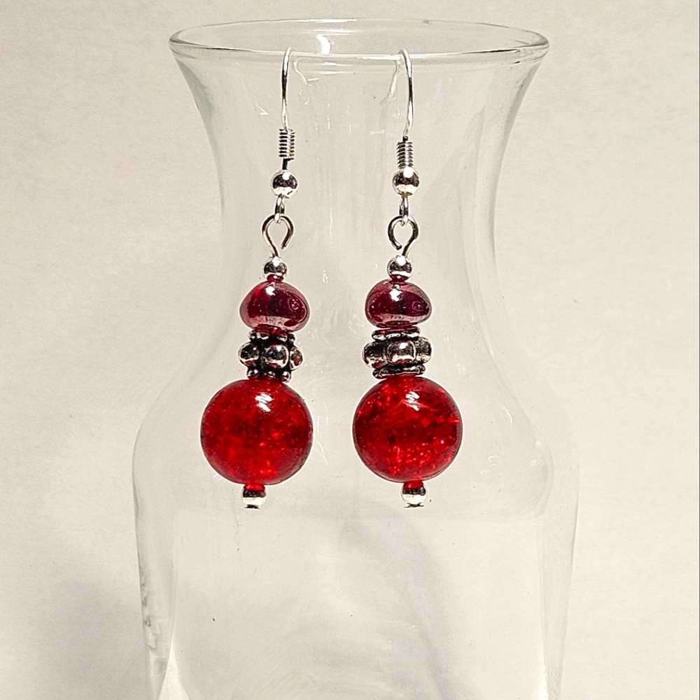 Red Crackled Glass Beaded Earrings